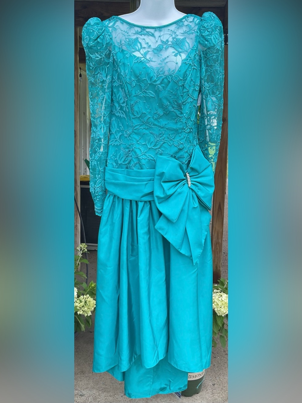 Vintage 80s Teal Lace Homecoming Prom Dress Size 12 Bow Puff Sleeve USA